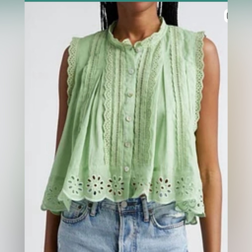 FARM RIO Womens Eyelet Accent Sleeveless High Low Cotton Top Green L